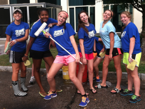 From left:  Morgan McKenna ’14 of Dedham, Natalie Saintil ’15 of Roslindale, Meaghan Gemma ’15 of Milton, Julia Magnuson ’15 of Milton, Victoria Bourikas ’15 of Hull, and Kayla Odegaard ’14 of Rockland