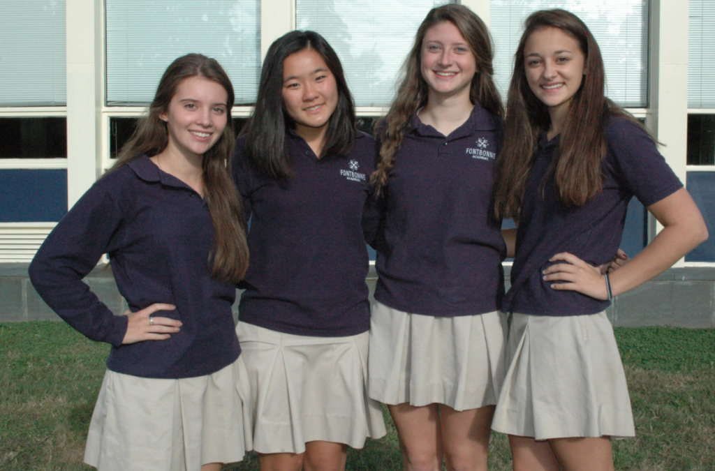 Fontbonne Academy Students who were recognized in the National Merit Scholarship Competition (from left to right):   Semifinalist Katharine Comber of Milton, and Commended Students Elizabeth Magnuson of Milton, Abigail Plouffe of Braintree, and Sylvie Grenier of Scituate.