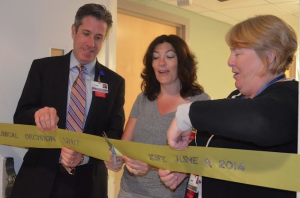 (L to R) Peter Healy, president and CEO; Dawn Zaccaria, nurse manager of 2North Nursing Unit and Clinical Decision Unit; and Lynn Cronin, vice president of nursing at ribbon cutting