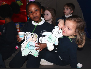 Preschoolers, Sabella Adelson (Roslindale) and Clara Cullinan (Milton) had a blast in the Teddy Bear Tea Party in their Tent!