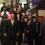 Young Men's Group with Senator Brian A. Joyce (left), Governor Deval Patrick (center) and Representative Jeffrey Sanchez (right).