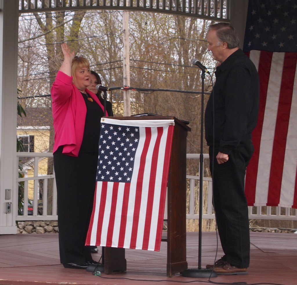 Town Clerk Sue Galvin being sworn in by Town Moderator Brian Walsh